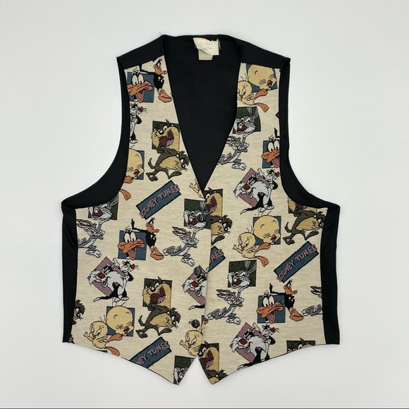 Vintage Looney Tunes Tapestry Vest 1996 Cartoon‎ Tweety Bird Daffy Duck Retro - Picture 1 of 11